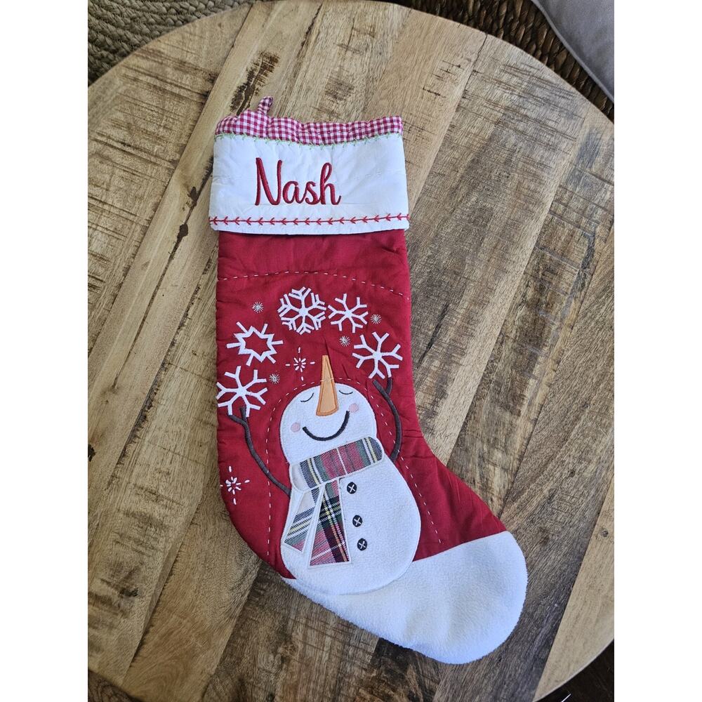 Pottery Barn Kids Red Quilted‎ Christmas Stocking Snowman Nash Monogram